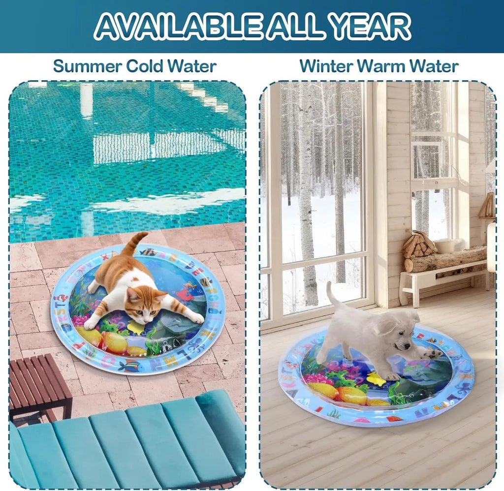 Large blue square water play mat for cats with floating fish toys inside, on a floor.
