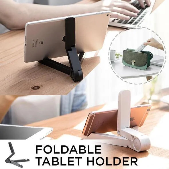 Black foldable tablet holder supporting tablet in landscape position on desk