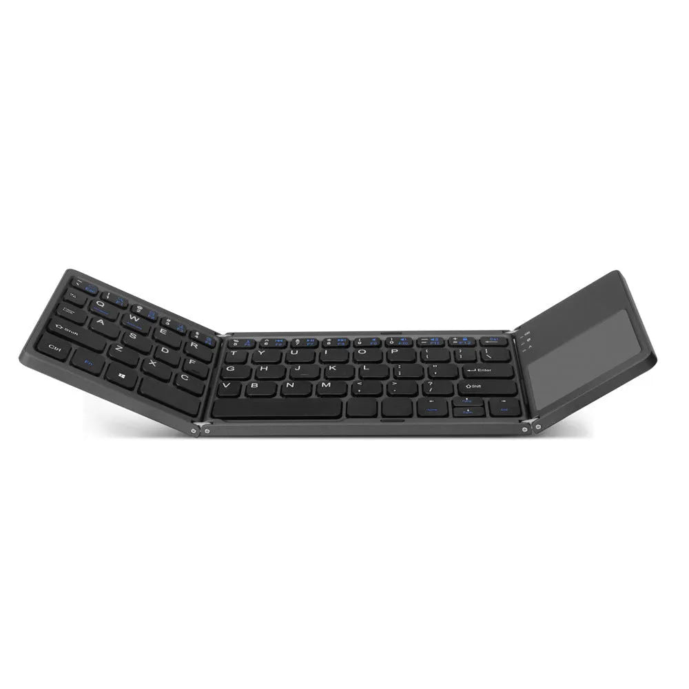 Tri-fold folding Bluetooth keyboard shown both folded and unfolded with integrated touchpad
