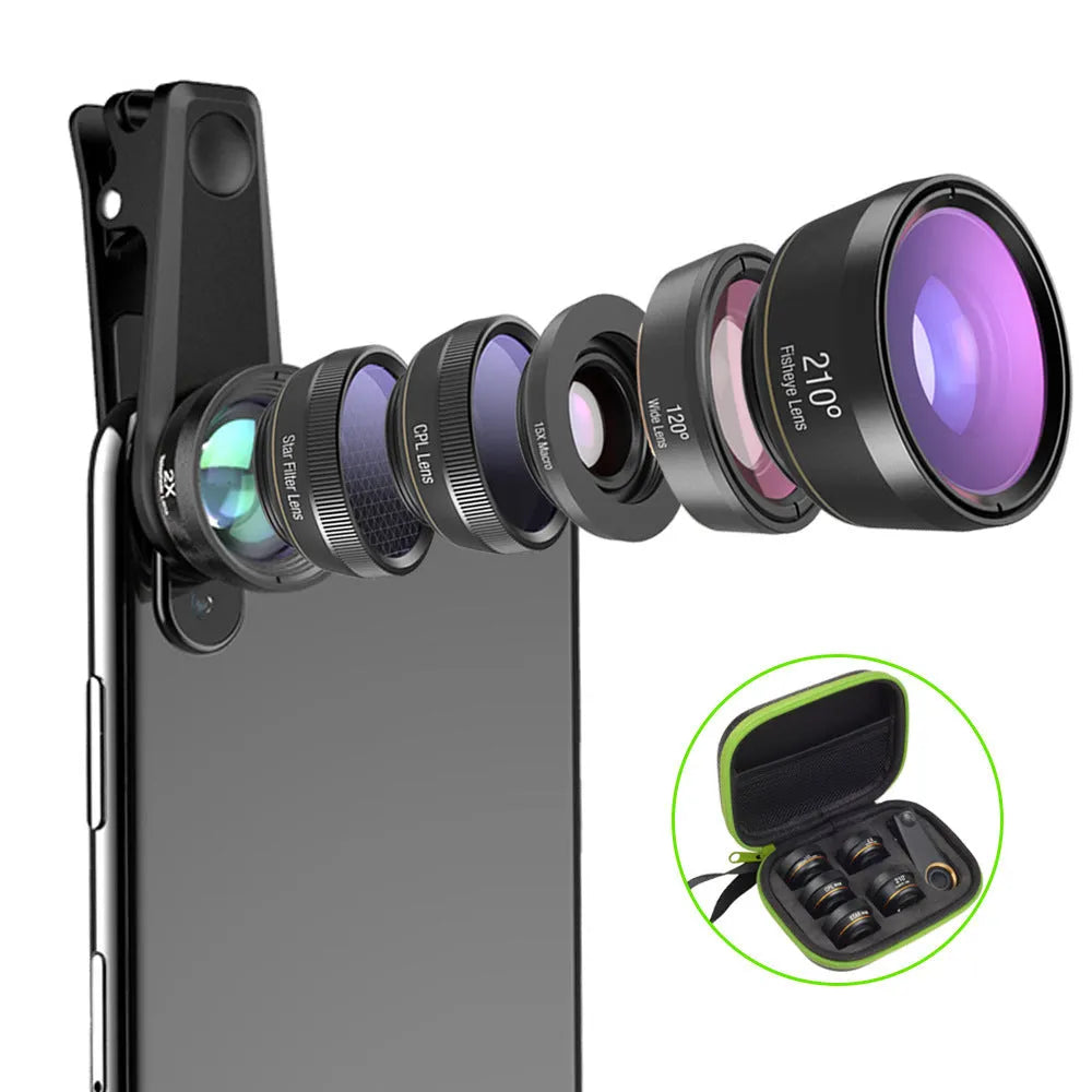 Black aluminium 6-in-1 smartphone camera lens kit with fisheye, macro, wide-angle, telephoto, CPL and star filters