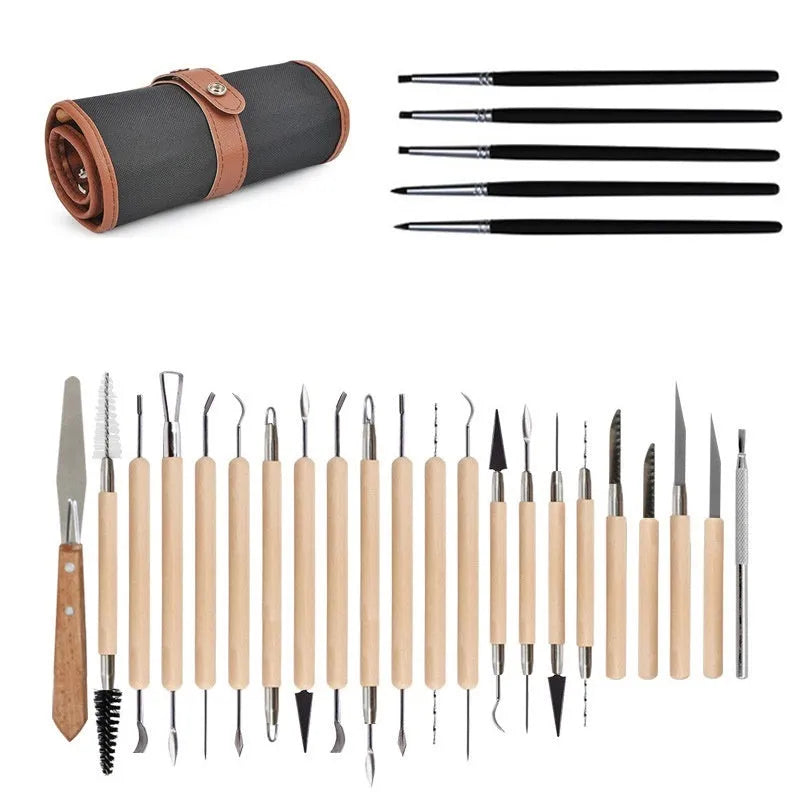 27-piece brown pottery clay tool set with stainless steel tools in a storage roll