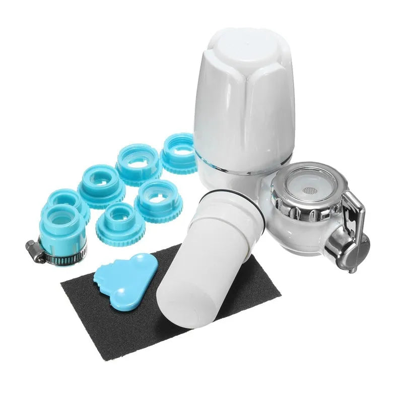 White plastic kitchen tap water filter with universal adapter and ceramic cartridge