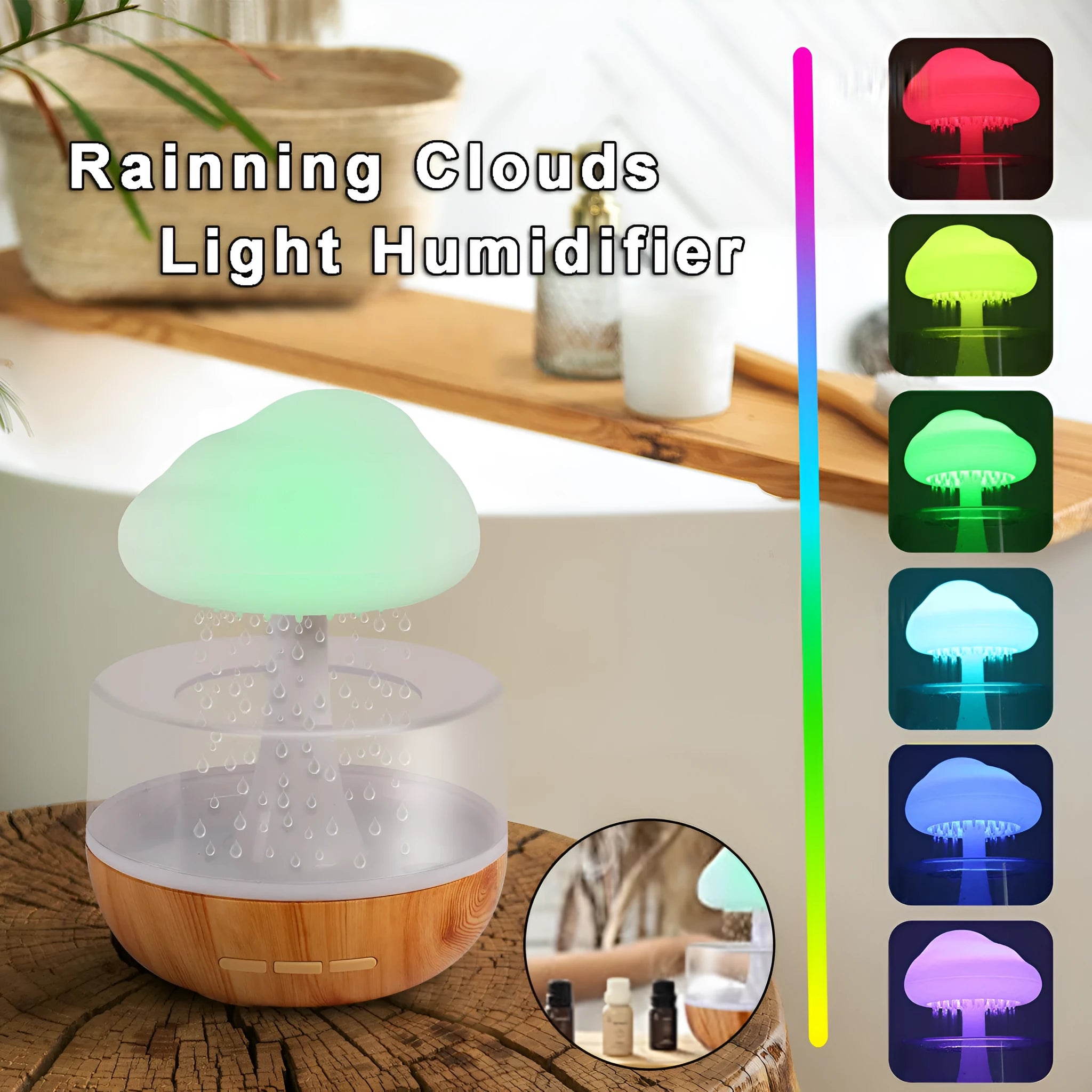 White raining cloud humidifier with essential oil diffuser and multi-colour night light on table