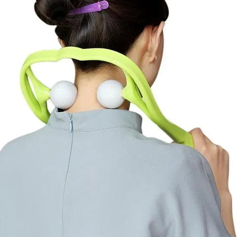 Plastic swan-shaped neck and shoulder massager roller in blue, green, or pink on a white background