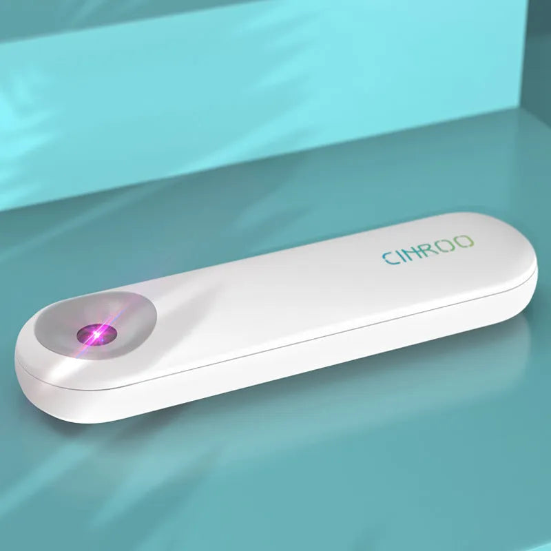 White portable UV sterilizer showing compact 116mm design with dimensions and battery specifications