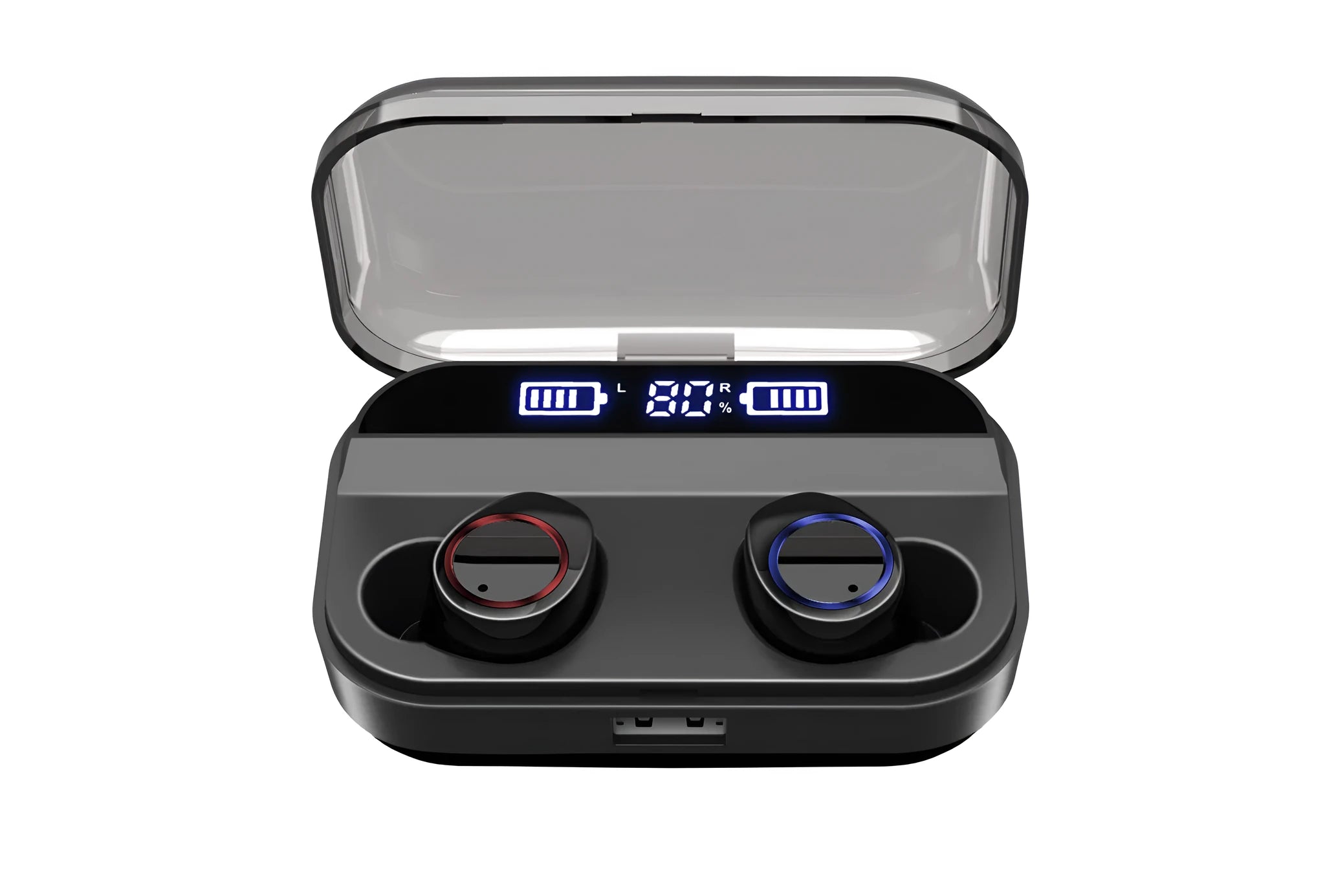 Black X11 wireless Bluetooth earbuds with charging case and six silicone ear tips on a grey background.