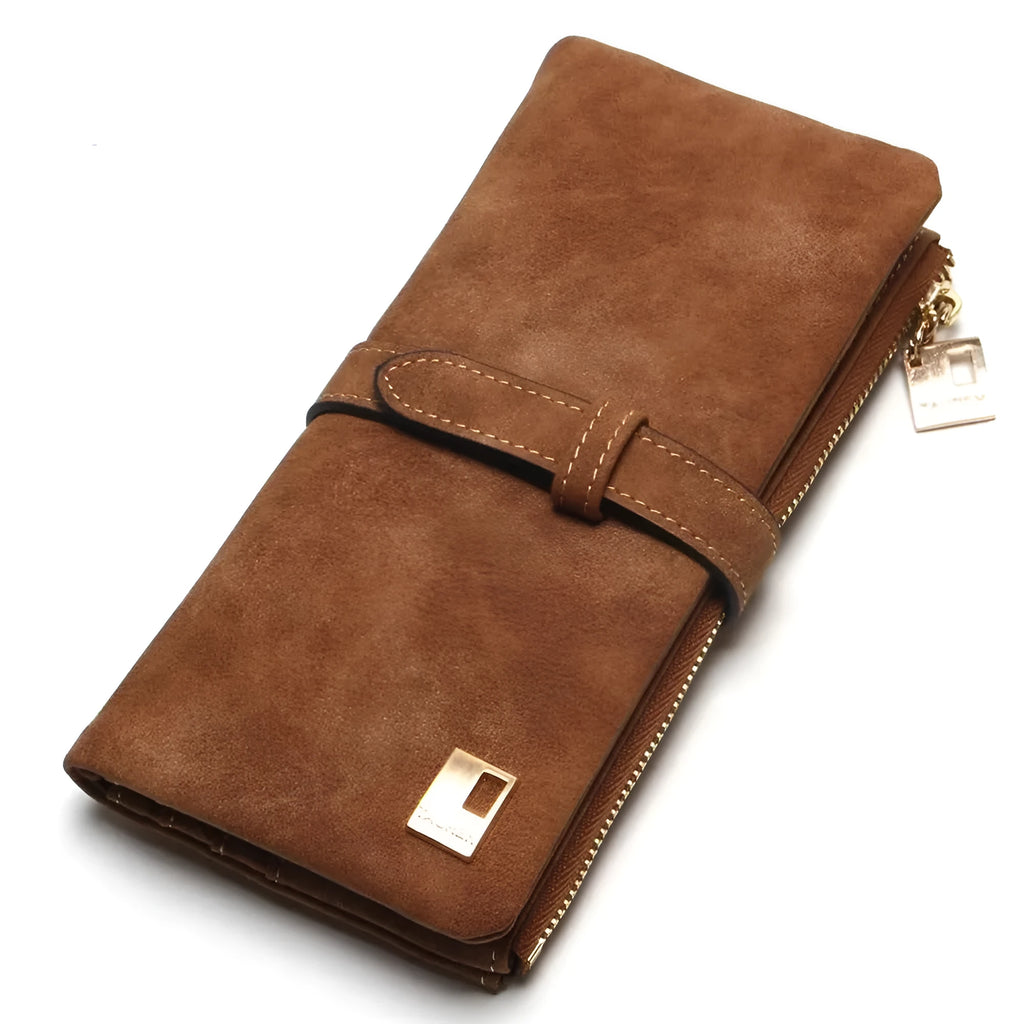 Women's long leather-style wallet with two-fold draw design in multiple colour options showing card compartments