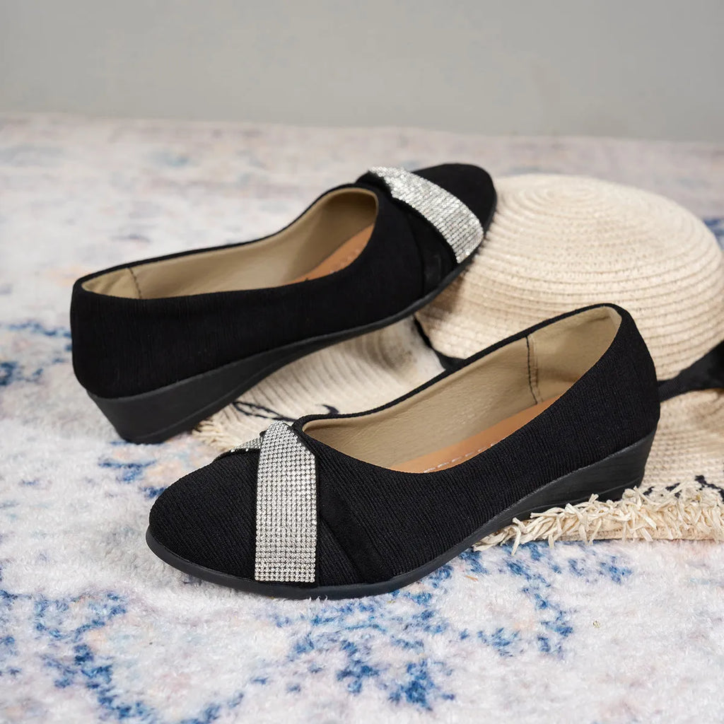 Black women's slip-on casual shoes with rhinestone detail and 6-8cm chunky heel