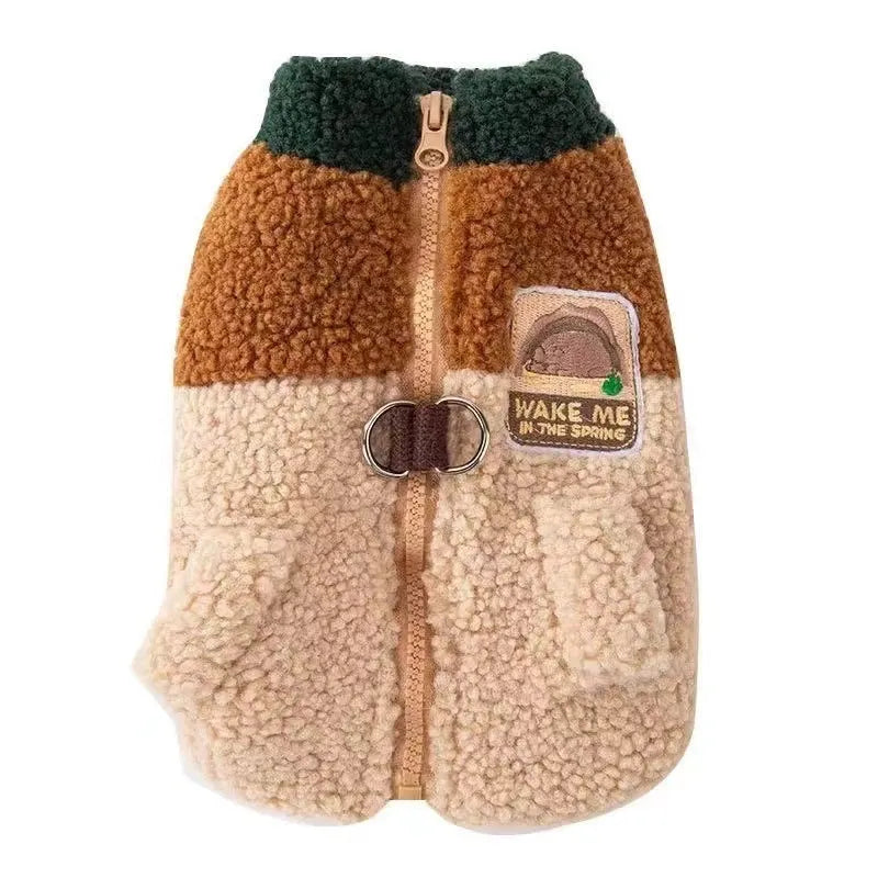Lomi Brown denim style polyester dog traction vest coat on a small breed dog