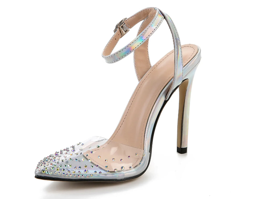 Women's pointed toe diamond sandals with a stiletto heel, showing PVC upper material.