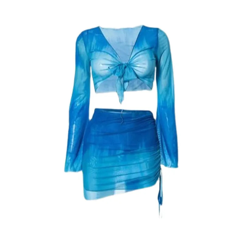 Women's blue high waist bikini four-piece swimsuit set with shirt, bra, underwear and skirt components