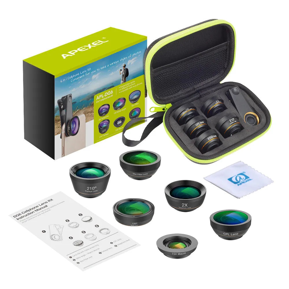 Black aluminium 6-in-1 smartphone camera lens kit with fisheye, macro, wide-angle, telephoto, CPL and star filters