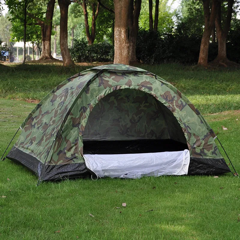 Green camouflage camping tent with steel ground nails and mesh windows