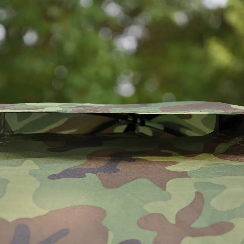 Green camouflage camping tent with steel ground nails and mesh windows