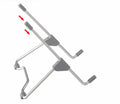 Grey aluminium alloy and plastic adjustable mobile phone and laptop stand shown folded and unfolded.