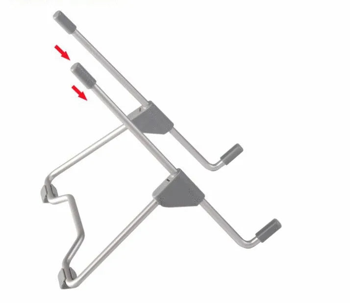 Grey aluminium alloy and plastic adjustable mobile phone and laptop stand shown folded and unfolded.