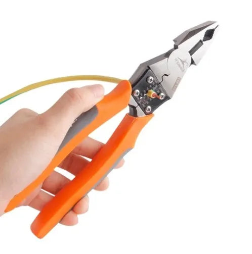 Orange multi-function wire cutter with forged steel head and textured PVC handle on a workbench.
