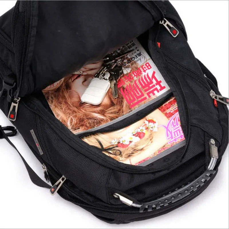 Black business computer backpack showing three compartments and internal organisers for 12-15 inch laptops