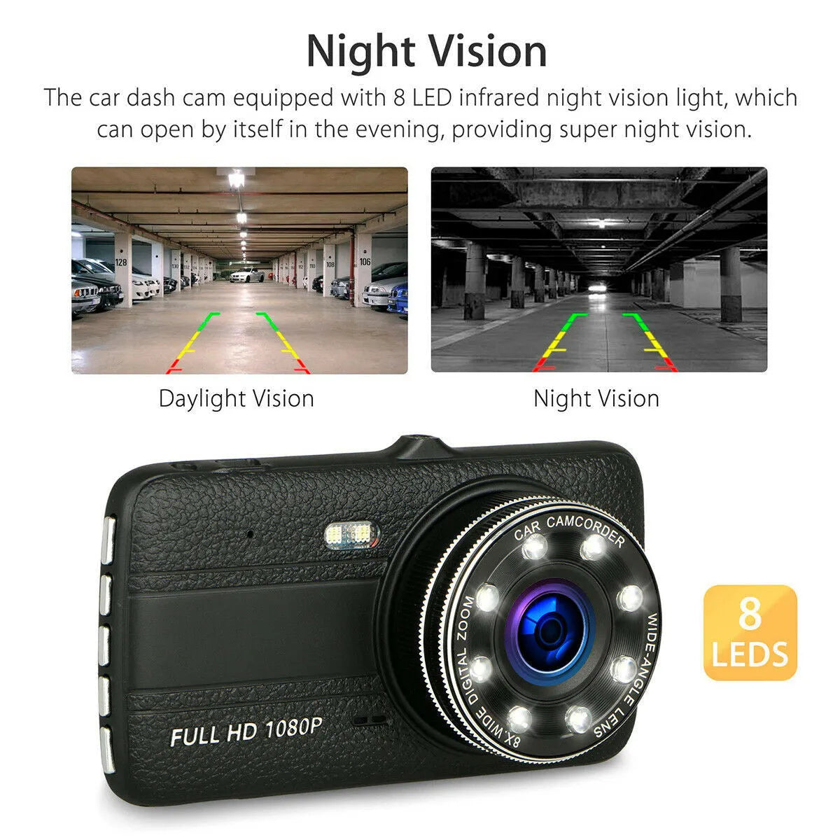 HD driving recorder with 8 night vision lights and 4.0 inch screen, dual lens 32GB model