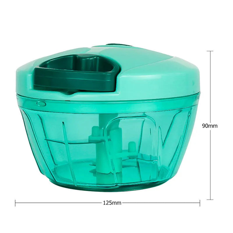 Green manual kitchen chopper with three stainless steel blades and a 500ml container.