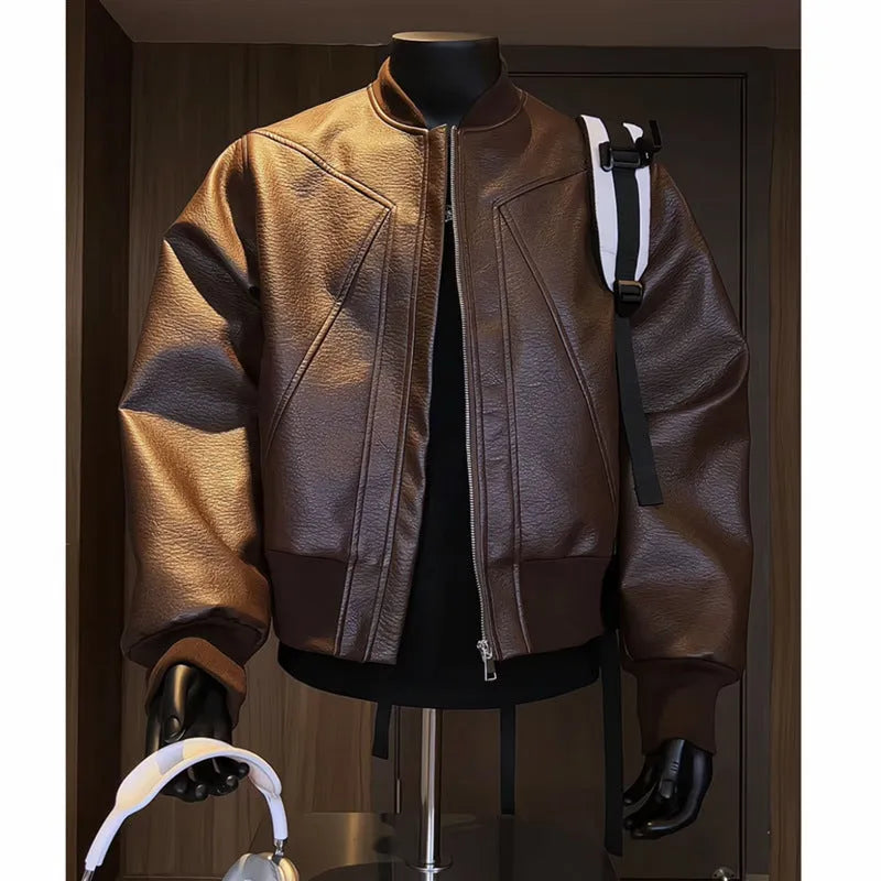 Men's black PU litchi grain leather jacket with extended 100cm length and tight fit