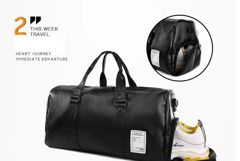 Black waterproof sports bag with separate shoe compartments and diagonal straps in two size options.
