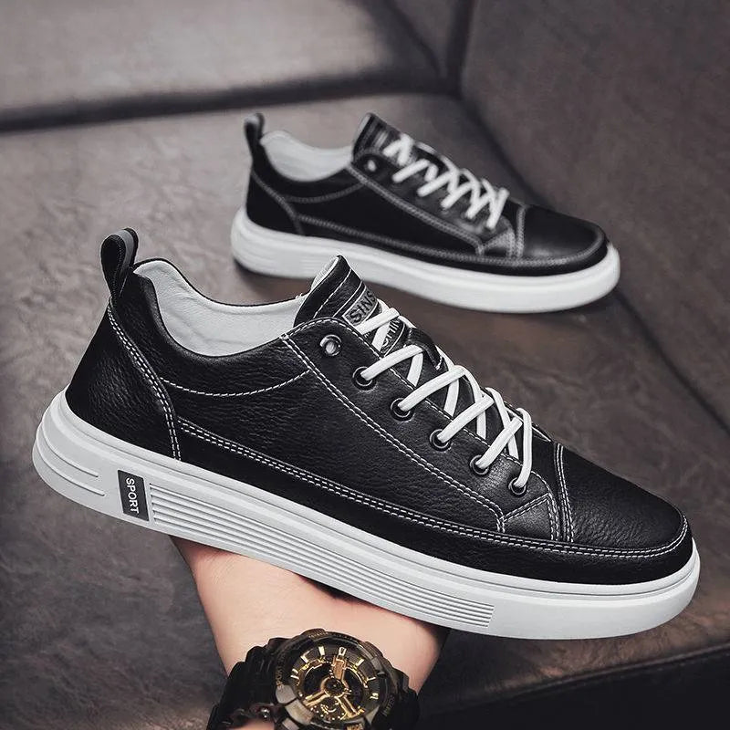 Men's white casual PU leather shoes with round toe and low flat heel, shown in beige, black, and white.