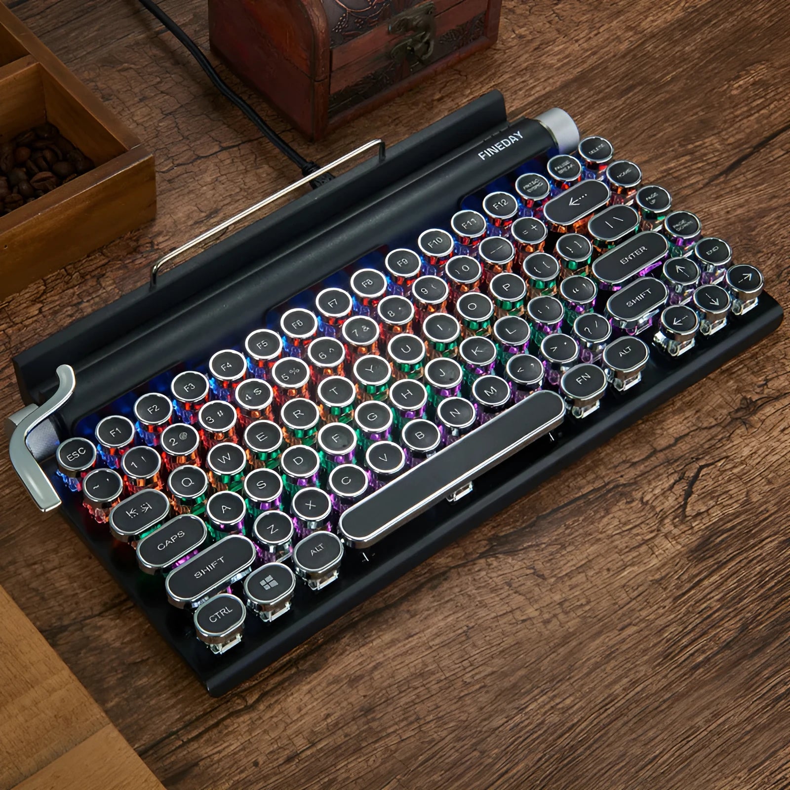Black Dot retro mechanical keyboard with colourful backlit keys on a desk