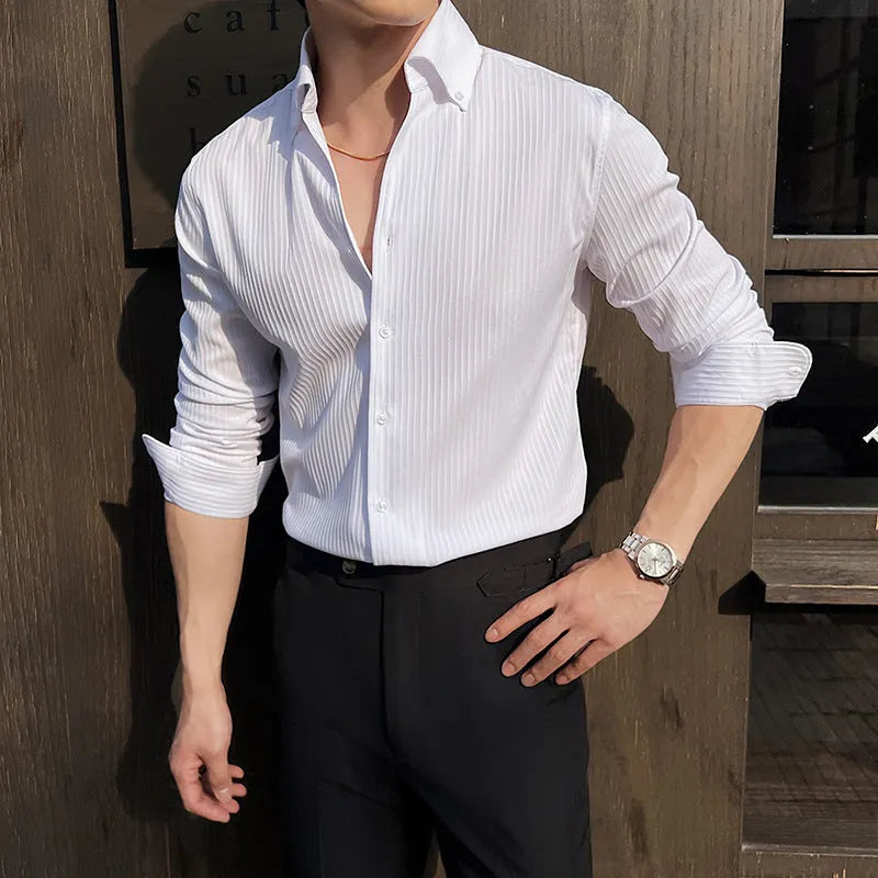 Men's dark striped V-neck long sleeve shirt in polyester blend fabric