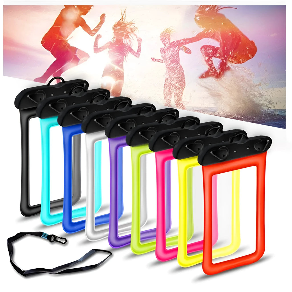 Orange waterproof phone pouch with double airbag design and a black neck rope.