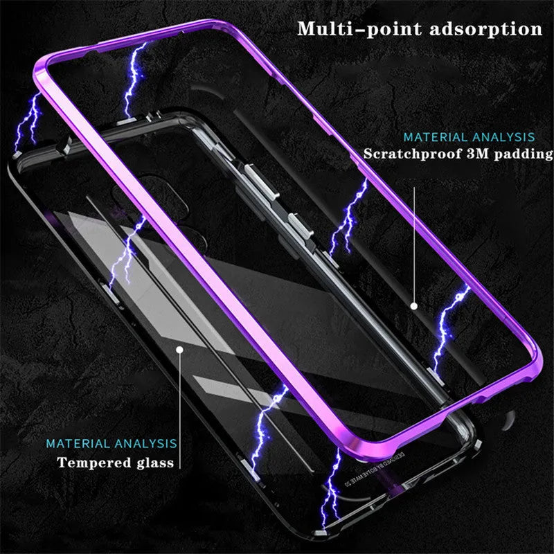 Black magnetic Huawei phone case with metal frame and clear tempered glass back