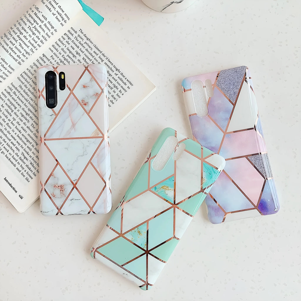 Electroplated marble pattern TPU back cover case for Huawei and Samsung mobile phones.