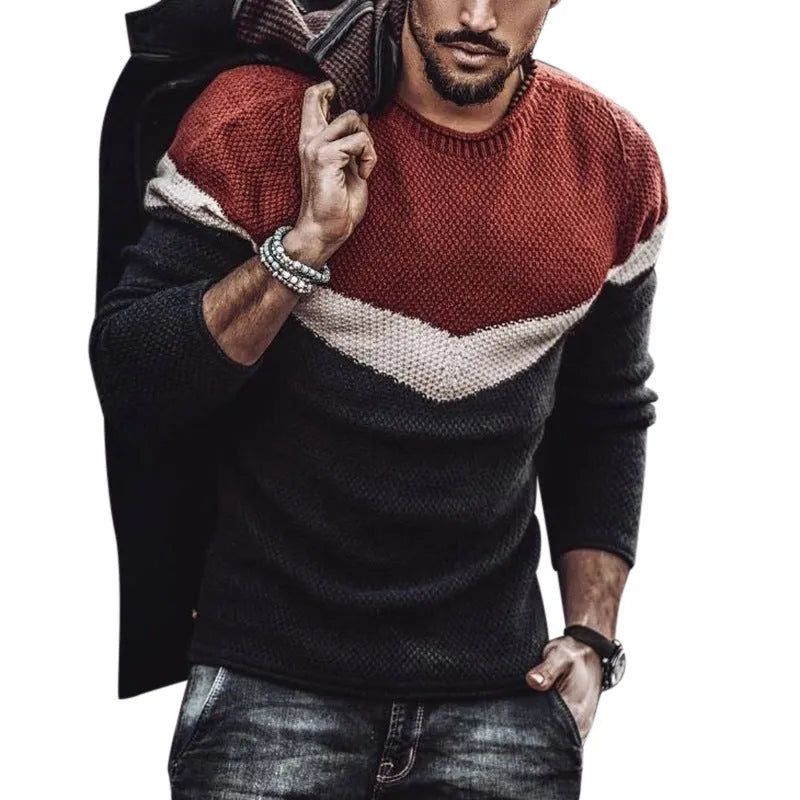 Men's slim fit round neck long sleeve colour block sweater in red and black for autumn leisurewear