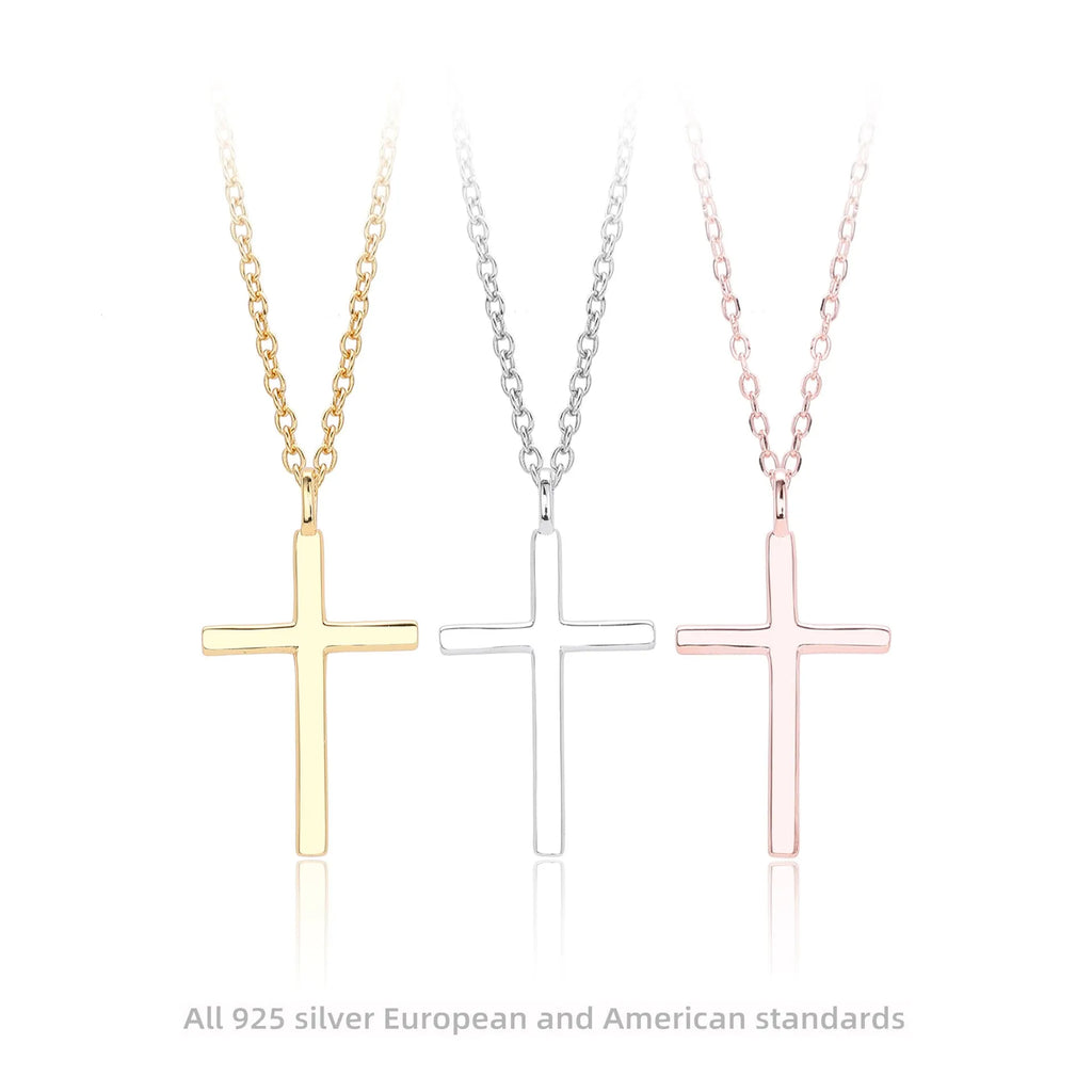 Sterling silver necklace with simple cross pendant on adjustable O-shaped chain in gold, platinum, or rose gold finish