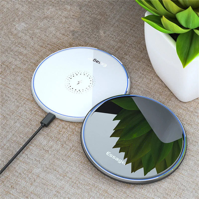 15W Qi wireless charging pad with aluminium surface showing blue LED charging indicator