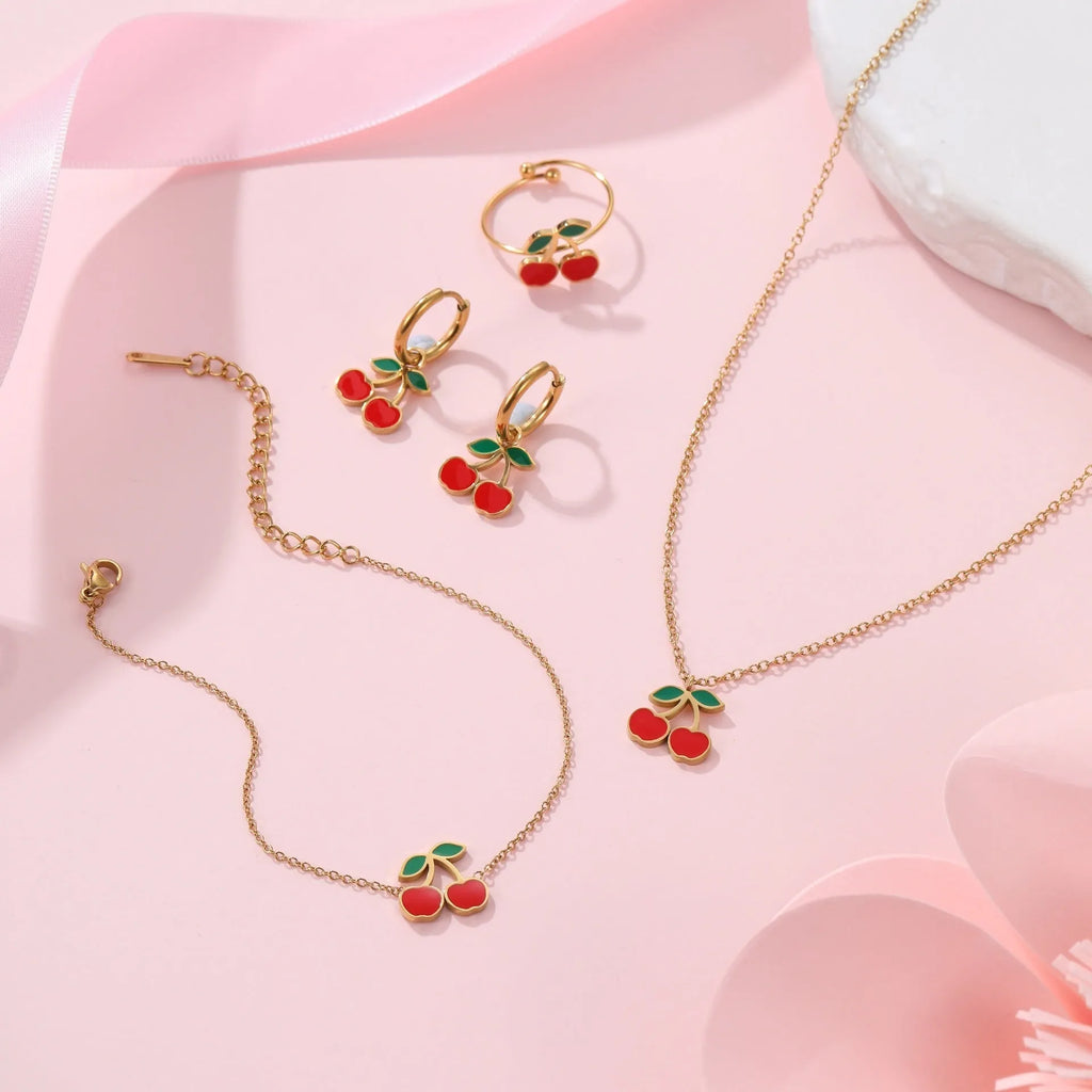 Cherry-themed jewellery set with necklace, bracelet, earrings and ring in stainless steel