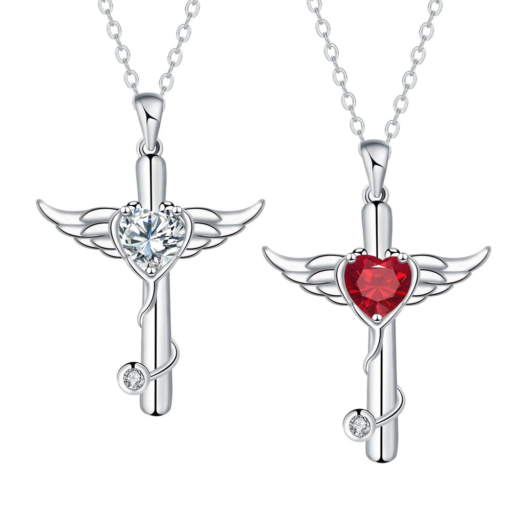 Cross stethoscope necklace with wings charm in electroplated copper, red diamond and white diamond colour options