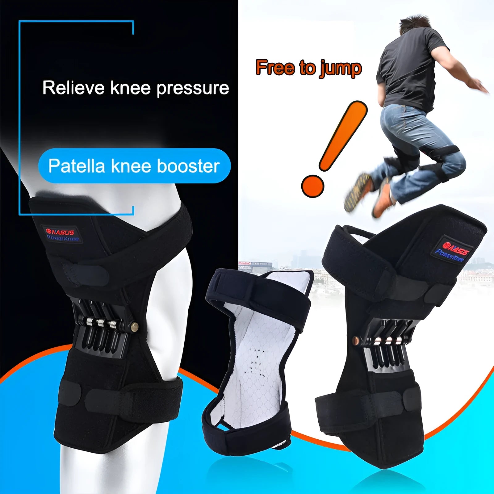 Adjustable spring-loaded knee support brace with straps on a grey background.