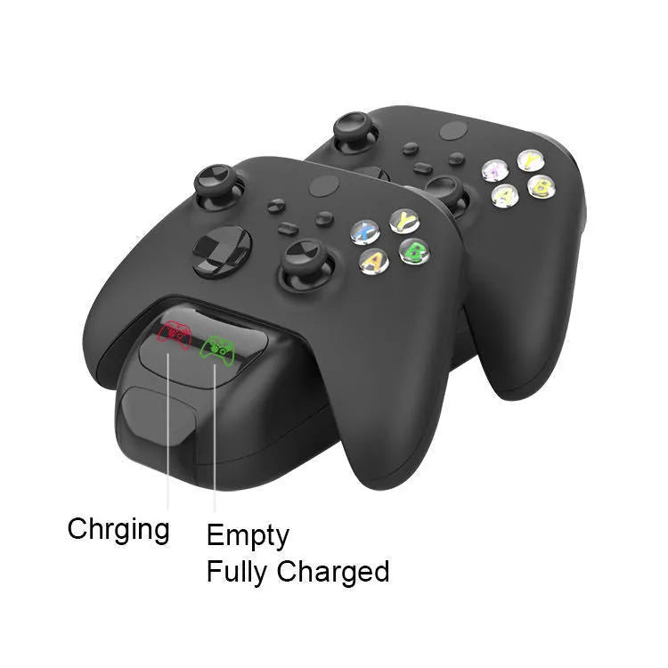 Black Xbox Series X dual controller charging station with indicator lights