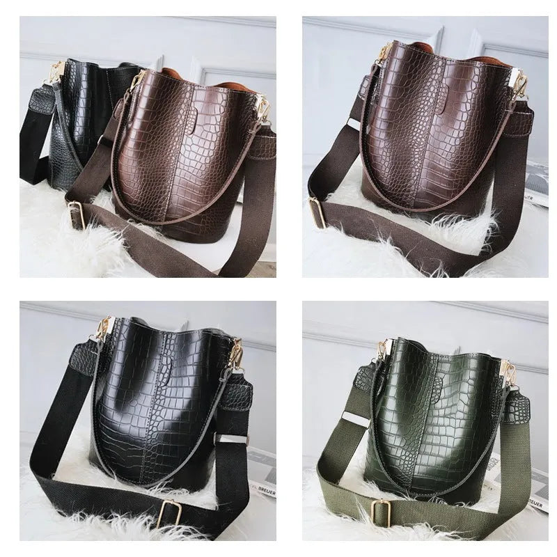 Retro PU bucket bag in green with long shoulder strap and bucket shape design