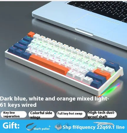 61-key compact mechanical keyboard with blue-white tea switches and wired connection