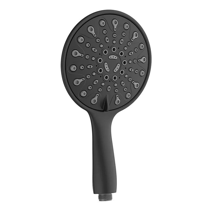 Six-function portable handheld shower head with electroplated finish, 6 inches in diameter.