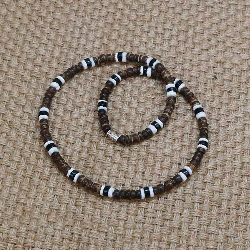 Men tribe ethnic coconut shell necklace with 5mm beads and natural stone, 46cm chain length, tribal style.