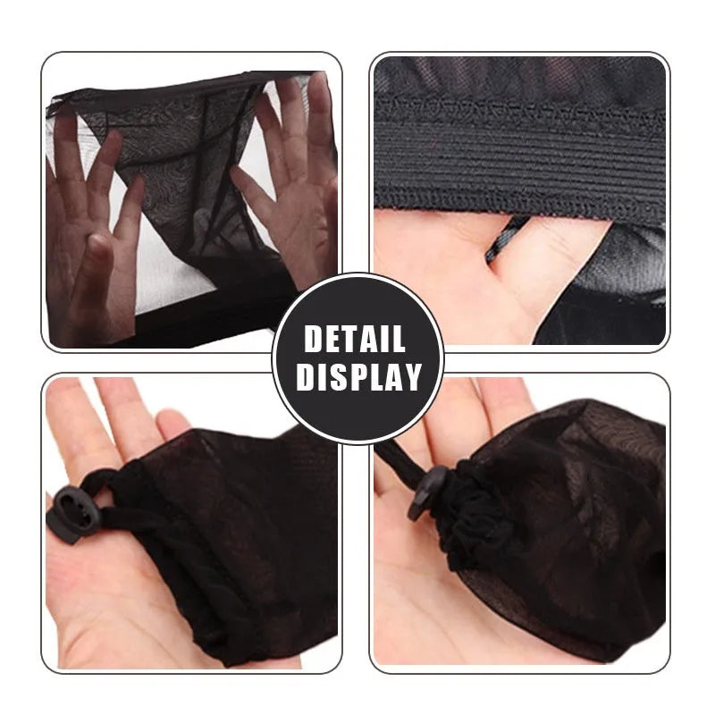 Breathable black mesh wig cap with elastic spandex material shown stretched.