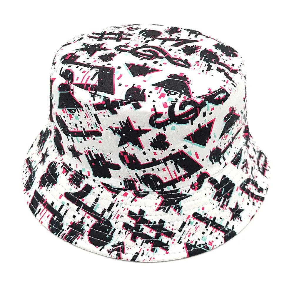 A retro bucket hat with a musical note pattern print, shown in a dome crown style.