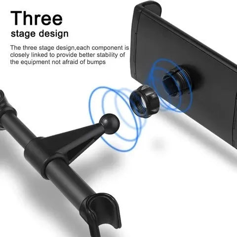 Black universal car phone holder attached to vehicle rear seat base with tablet mounted