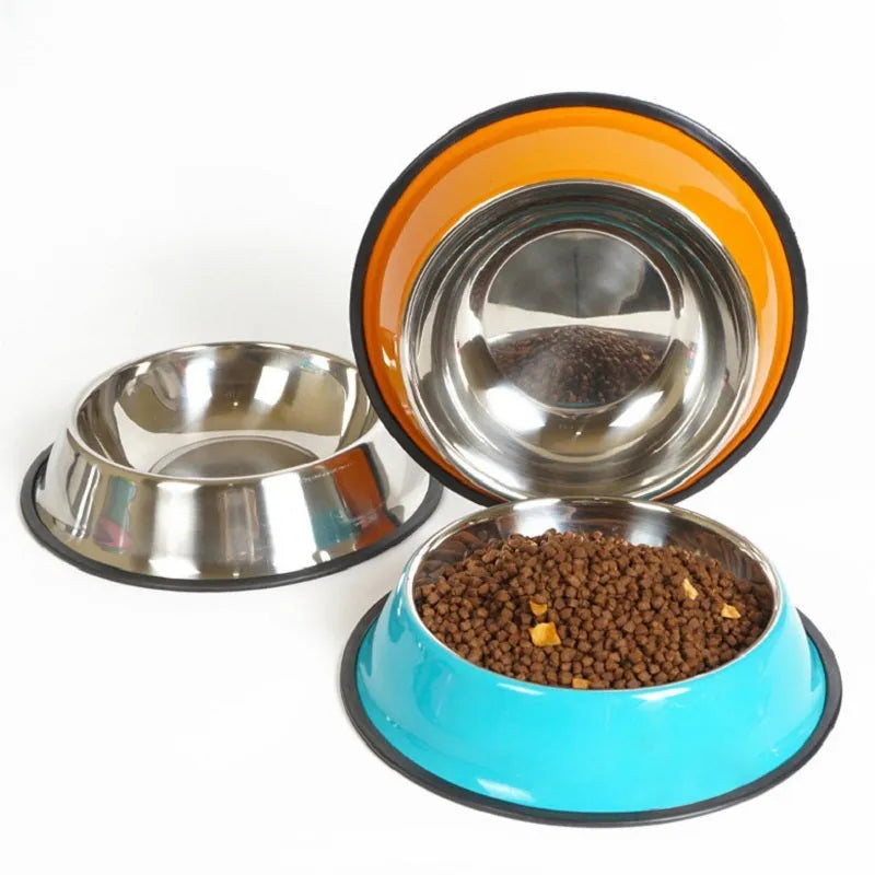 Stainless steel and colourful melamine dual pet feeding bowl with non-slip rubber base