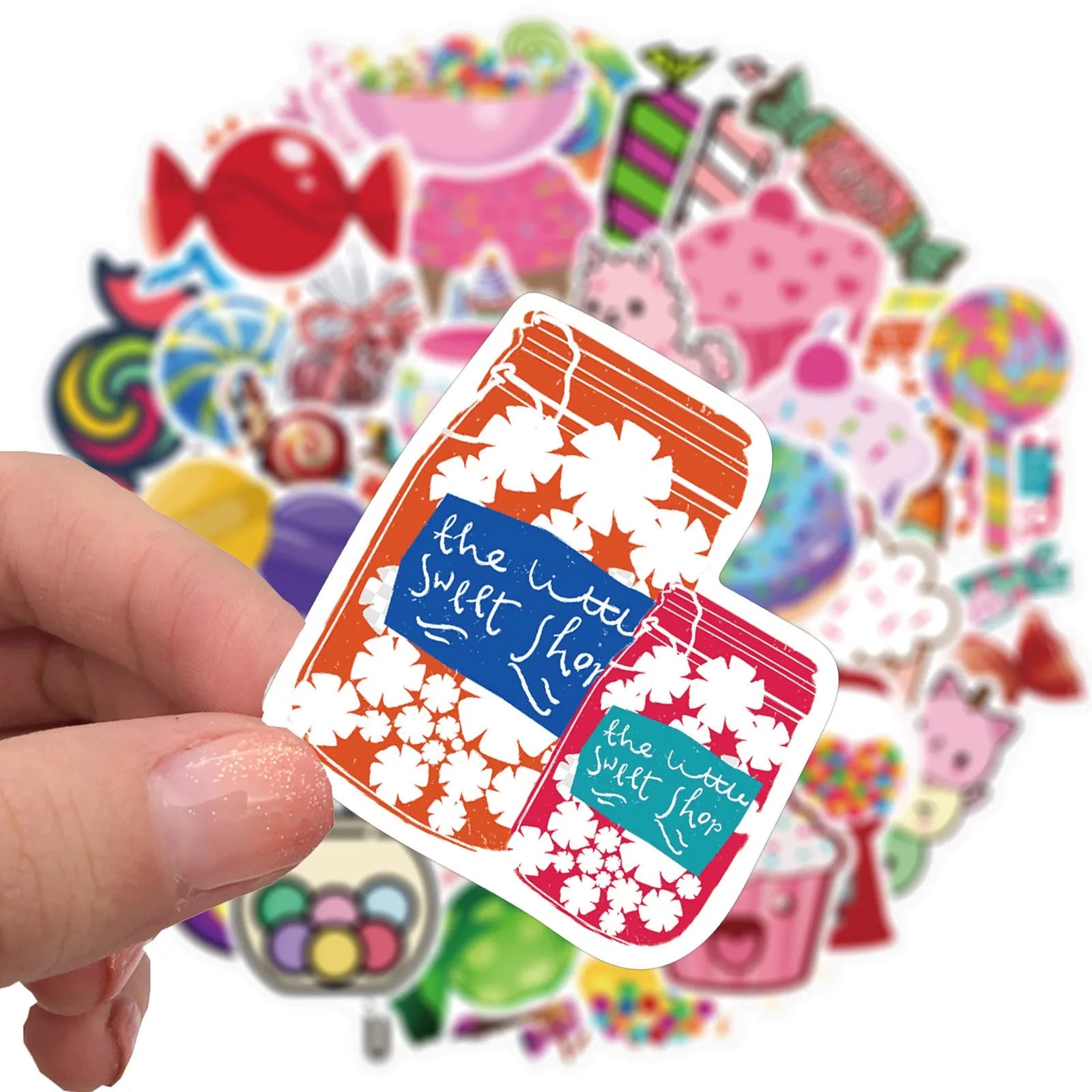 Candy series colourful graffiti cartoon stickers pack with 50 adhesive sheets in 4-6cm sizes