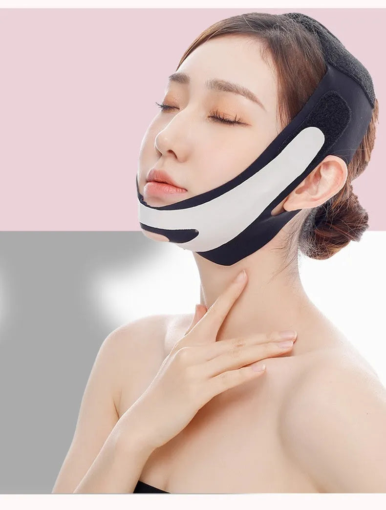 Elastic V face bandage facial care tool in pink or black colour with adjustable strap