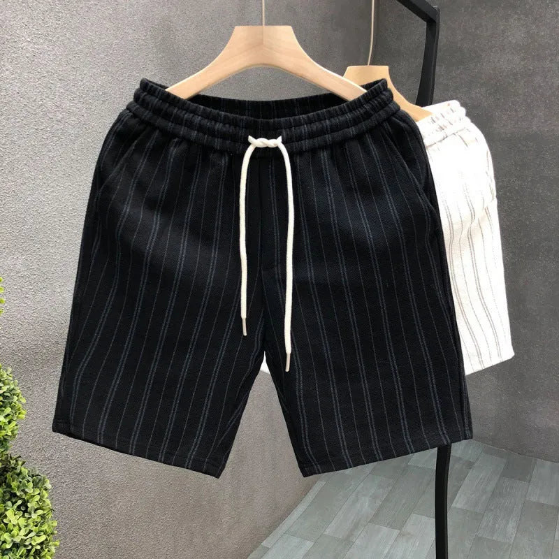 Men's black and white striped casual shorts with an ankle band and double-layer waistband.